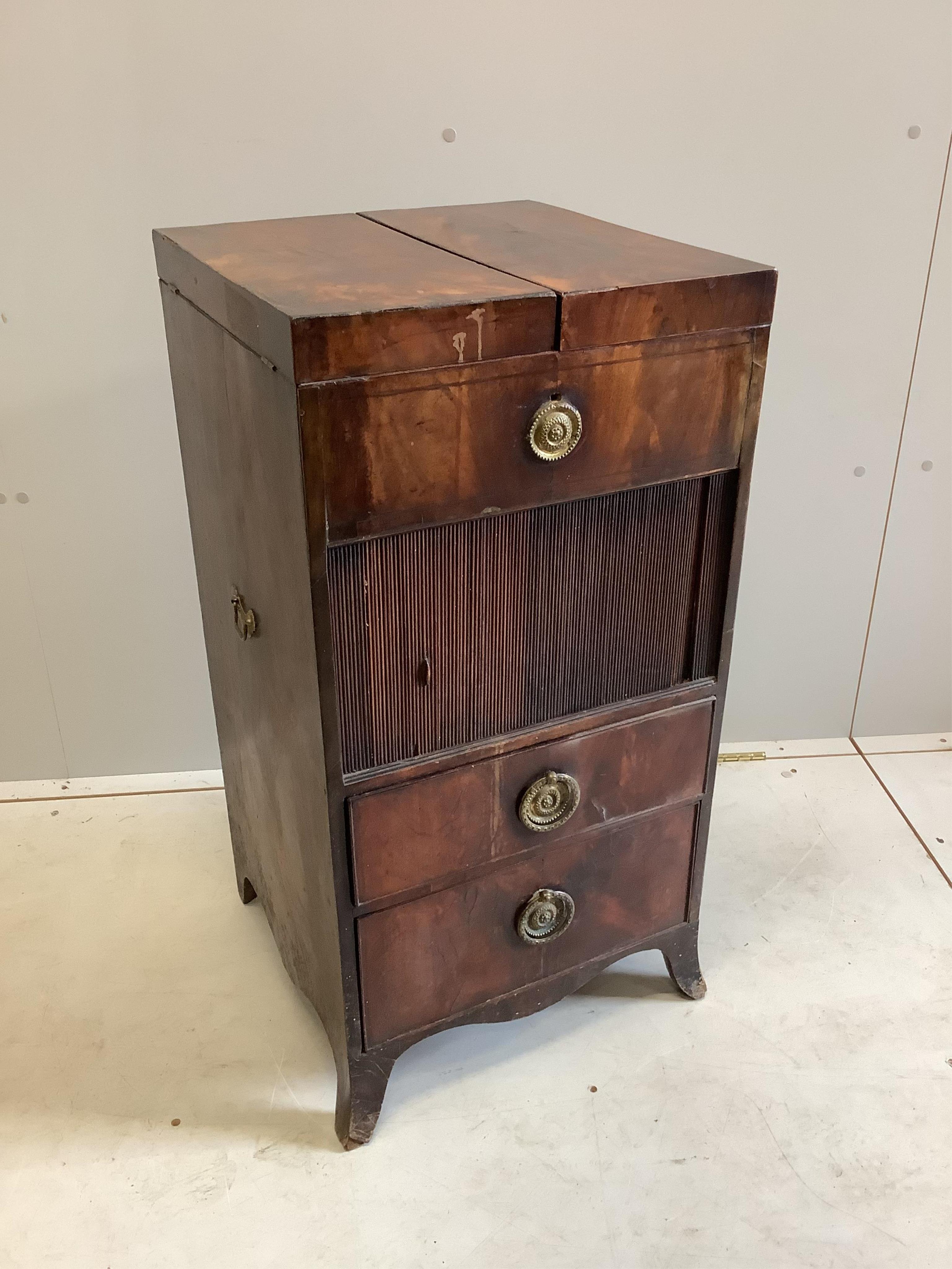 A George III mahogany enclosed washstand, width 42cm, depth 42cm, height 83cm. Condition - poor